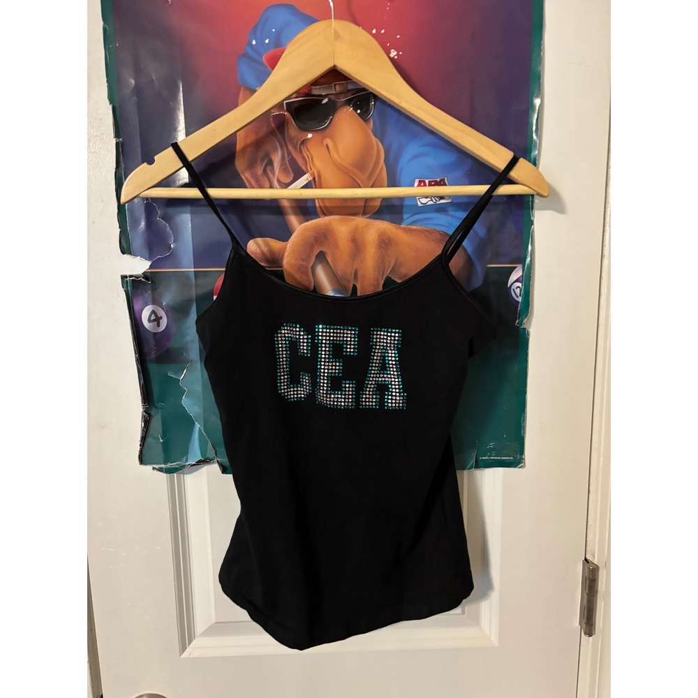 CEA Rhinestone Graphic Cami Tank Top Black Y2K Spaghetti Strap Women Medium